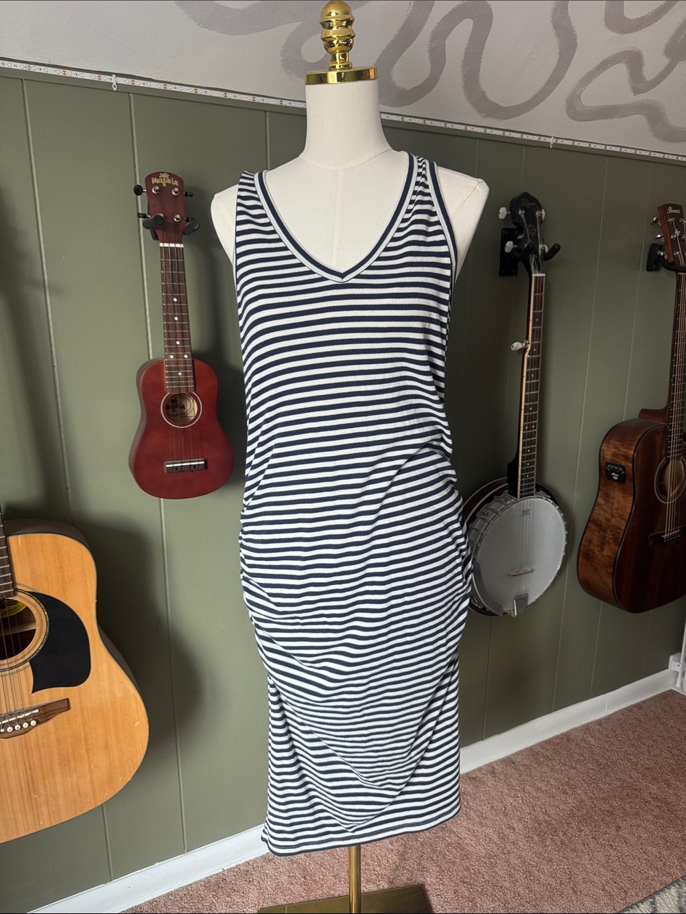Striped Navy and White Sleeveless V-Neck Fitted Midi Dress